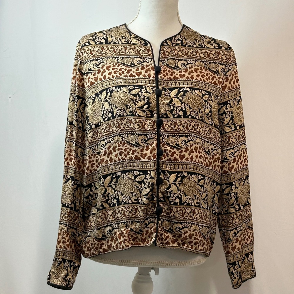 Adrianna Papell‎ Silk Button-Up Blouse Top Floral Leopard Print Size 10